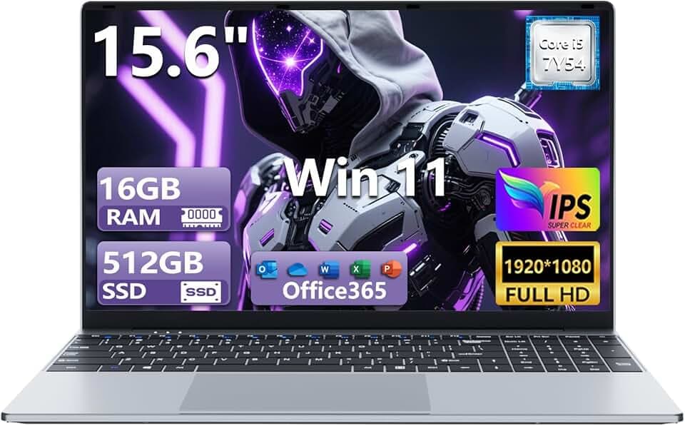 Ordinateur Portable de 15,6 Pouces avec Processeur Core i5 7Y54 (Jusqu'à 3,2 GHz), 16Go RAM et 512Go SSD, Win 11 Pro PC Portable 1920*1080 IPS FHD Écran, Laptop avec clavier rétroéclairé USB3.0 HDMI