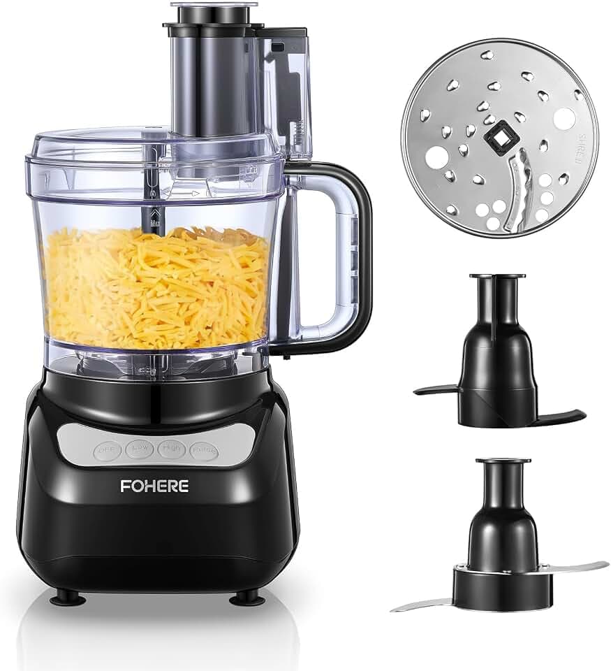 FOHERE Robot de Cuisine 2,1 L, Double Goulotte d'Alimentation 2-en-1 Sans Prédécoupe, 2 Vitesses + Pulse, Lames en Acier Inoxydable, pour Hacher, Râper, Émincer, Mixer & Pétrir la Pâte