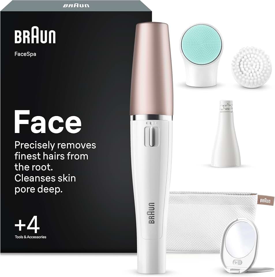 Braun Epilateur Electrique Femme FaceSpa, 851V, Blanc et Bronze | Etanche, à Pile, Coffret Soin Visage 2-en-1, Système de Nettoyage et de Revitalisation de la Peau, +4 Accessoires