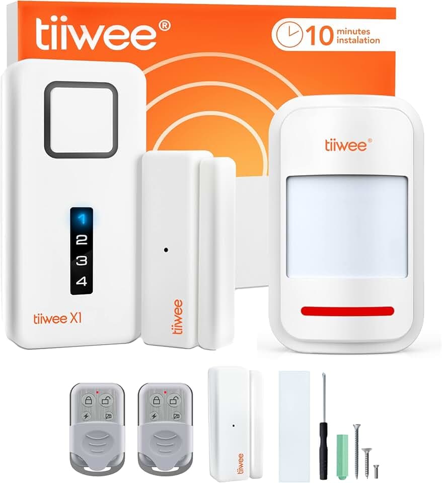 tiiwee Alarme de Maison avec Sirène Puissante et Dissuasive | 2 Détecteurs de Porte et de Fenêtre, 1 Détecteur de Mouvement, 2 Télécommandes, Kit Sans Fil, Facile à Installer