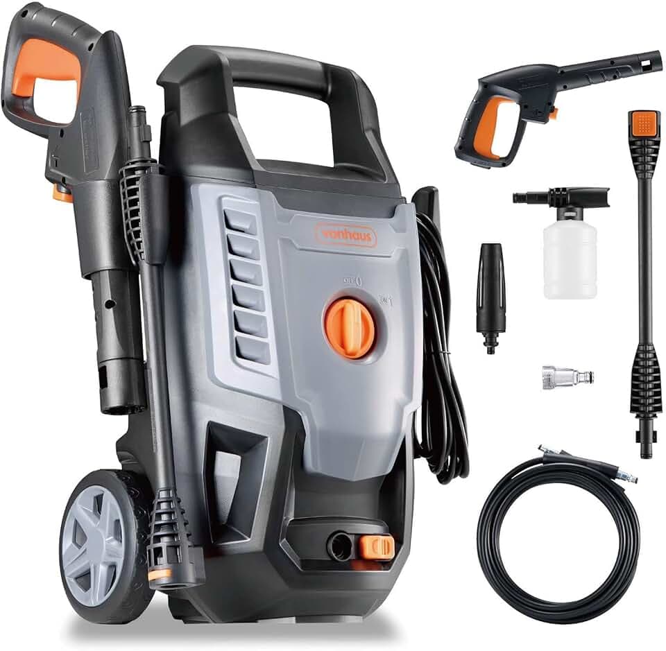 VonHaus Nettoyeur Haute Pression 1600 W, Ensemble de 7 Accessoires Inclus | Pression max. 130 bars, Débit 390 l/h, 5m Tuyau, Portable pour Terrasse, Jardin, Voiture et plus encore