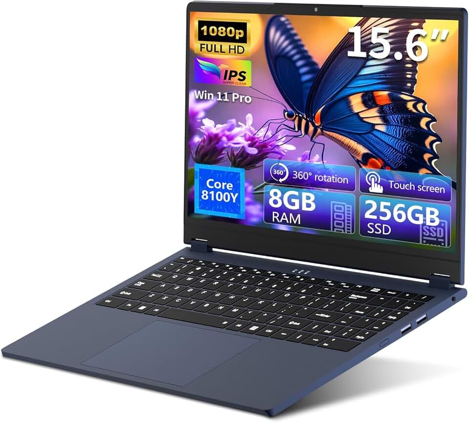 Ordinateur Portable 15,6 ", PC Portable 2-en-1, IPS FHD 1920×1080, processeur Core 8100Y, Laptop 8Go RAM 256Go SSD, Ports RJ45, Type-C, USB 3.0, Bluetooth 5,Wi-FI 5,Pour l'étude et le travail