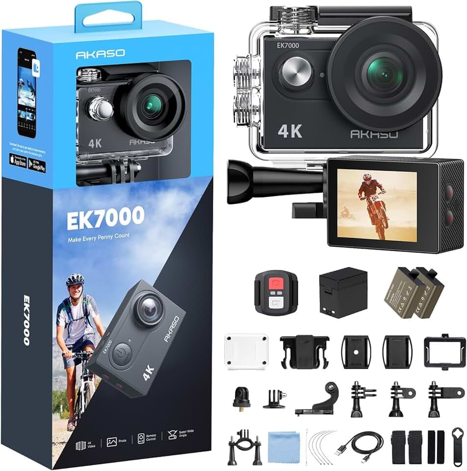 AKASO Caméra Sport 4K 30fps 20MP WiFi - Camera 4k Étanche jusqu'à 30M avec Stabilisation, Grand Angle de 170° - Télécommande 2.4G - Qualité d'image Ultra HD pour Les Passionnés d'Aventure, EK7000 Noir Global Recycled Standard