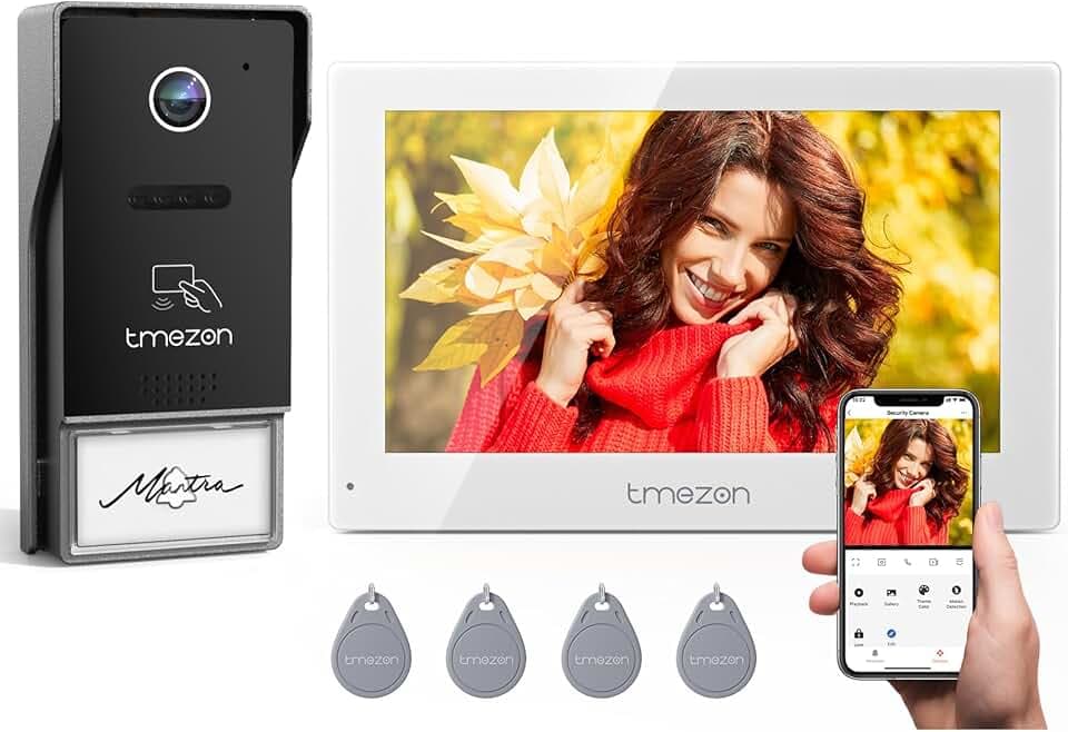 TMEZON Y73 Visiophone connecté WiFi, Visiophone Filaire Interphone Vidéo 2 Fils,7" Ecran Couleur TFT LCD,1080P Sonnette vidéo avec Caméra,Portier vidéo,Déverrouillage à Distance,RFID Carte Badges