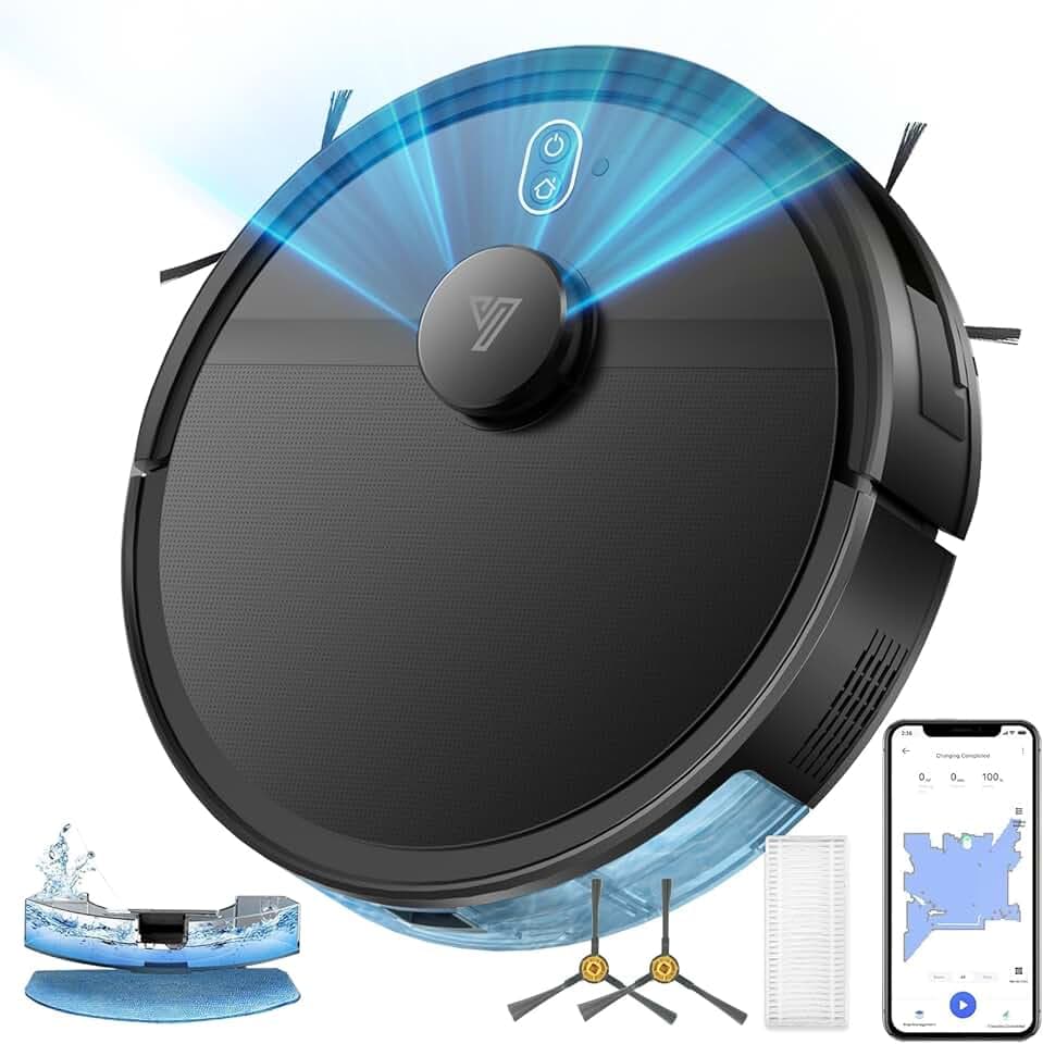 2026 Robot Aspirateur Cartographie Jusqu'à 5000 Pa, 2 en 1 Aspirateur Robot Laveur Navigation LiDAR, 120 Mins, WiFi/App/Voix, Évitement Intelligent d'obstacles Idéal Pour les Poils d'animaux, Noir