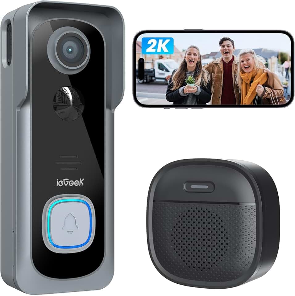 ieGeek 2K Sonnette sans Fil Exterieur Etanche, Sonnette Vidéo avec Caméra Compatible Alexa, Install Facile, Détection IA, IP66 Étanche,Vision Nocturne, Stockage Cloud, WiFi 2,4 GHz Uniquement (Gris)