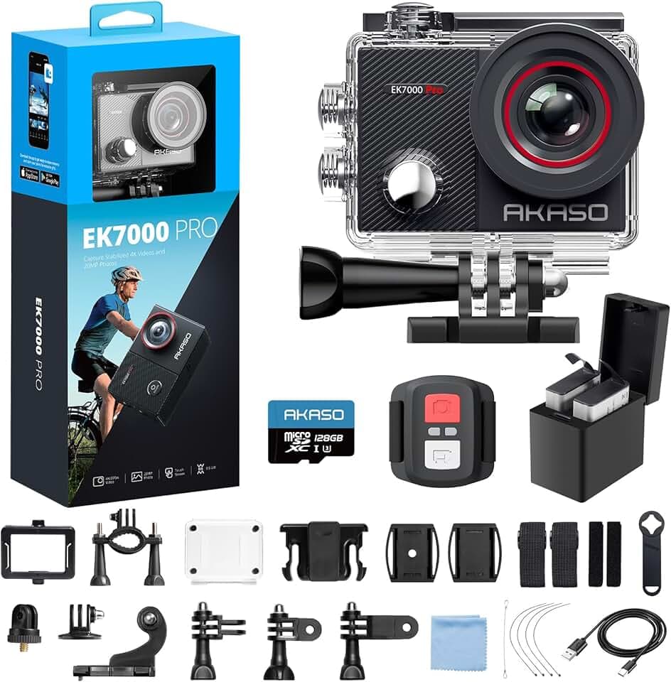 AKASO EK7000 Pro Caméra Sport 4K avec Carte MicroSDXC 128GB, 20MP WiFi Action Caméra Sportive avec Ecran Tactile, EIS Stabilisateur, Télécommande, 170° Angle Réglable, Étanche 40M et 2 Batteries Global Recycled Standard