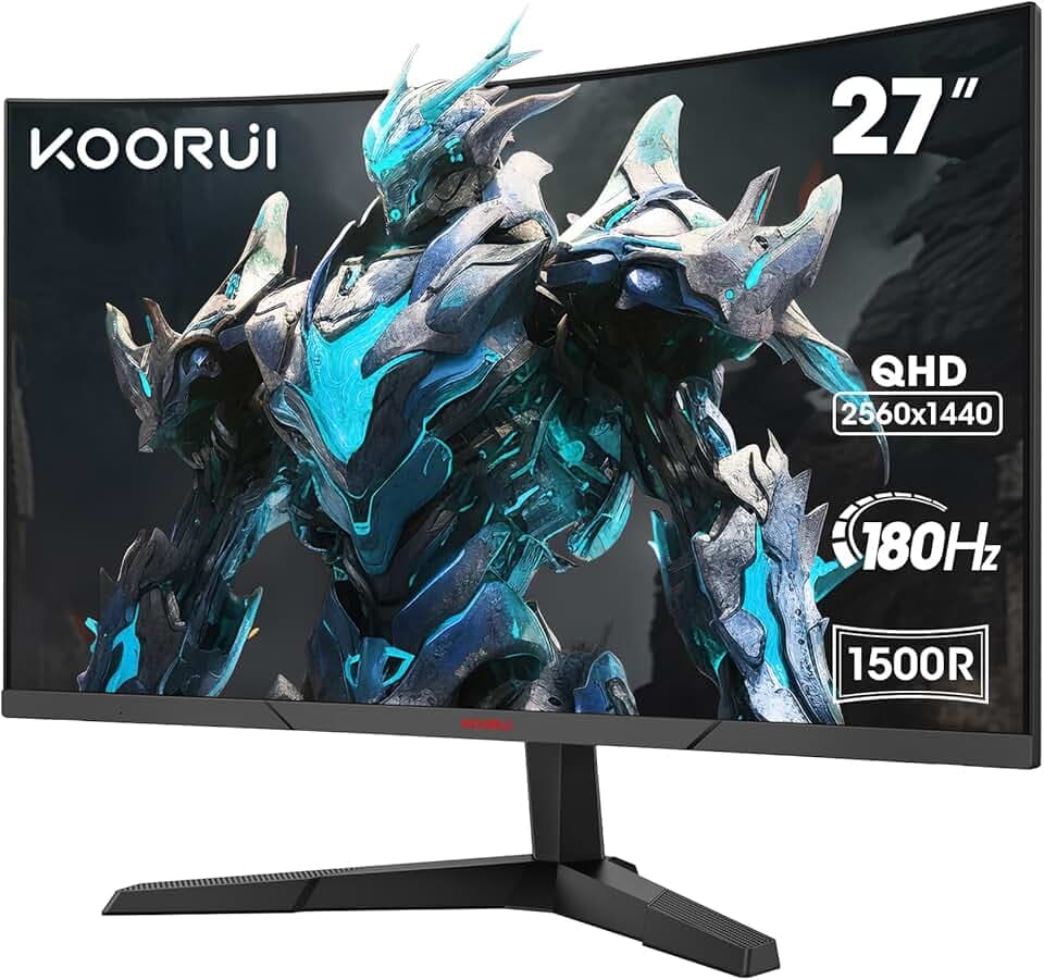 KOORUI 27'' Ecran PC Gaming Incurvé 1500R, Moniteur PC Dalle VA, Résolution QHD (2560X1440), 180HZ,1MS, DCI-P3 85%, Lunette Ultra-Mince, Inclinaison réglable, Prend en Charge HDMI/DP
