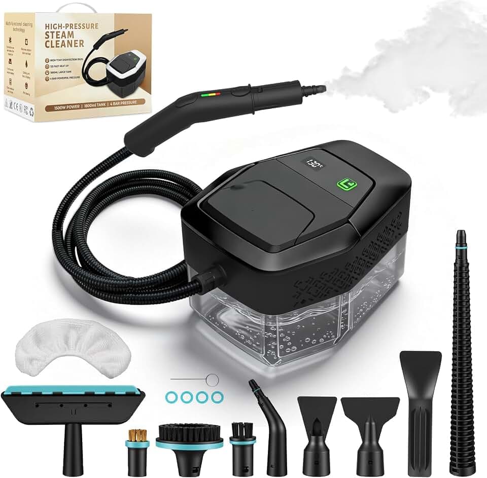Nettoyeur Vapeur, Nettoyeur à Vapeur Portable 1500W Basse Pression, Chauffage Rapide 15s, Réservoir d’eau 1,8L, 12 Accessoires Inclus,Cuisine & Voiture, Noir（Appuyez longuement sur 3s pour démarrer）