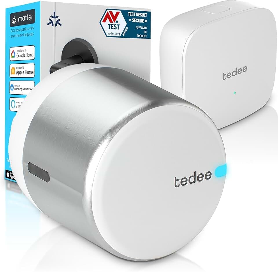 Tedee GO2 Alu Serrure Intelligente Connectée WiFi Bluetooth Retrofit | Bridge Accès à Distance, Entrée sans Clé, Verrouillage Automatique | Compatible Matter, Alexa, Google Home, Apple HomeKit