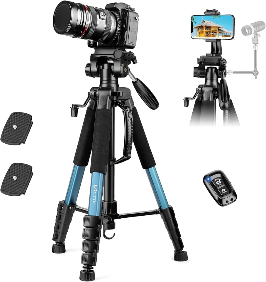 Victiv 188cm Trépied Appareil Photo, Trépied Caméra en Aluminium Portable, Trepied Photo avec Tête 3 Voies pour Canon Nikon Sony DSLR, Trepied Smartphone avec Télécommande pour iPhone, Samsung - Bleu