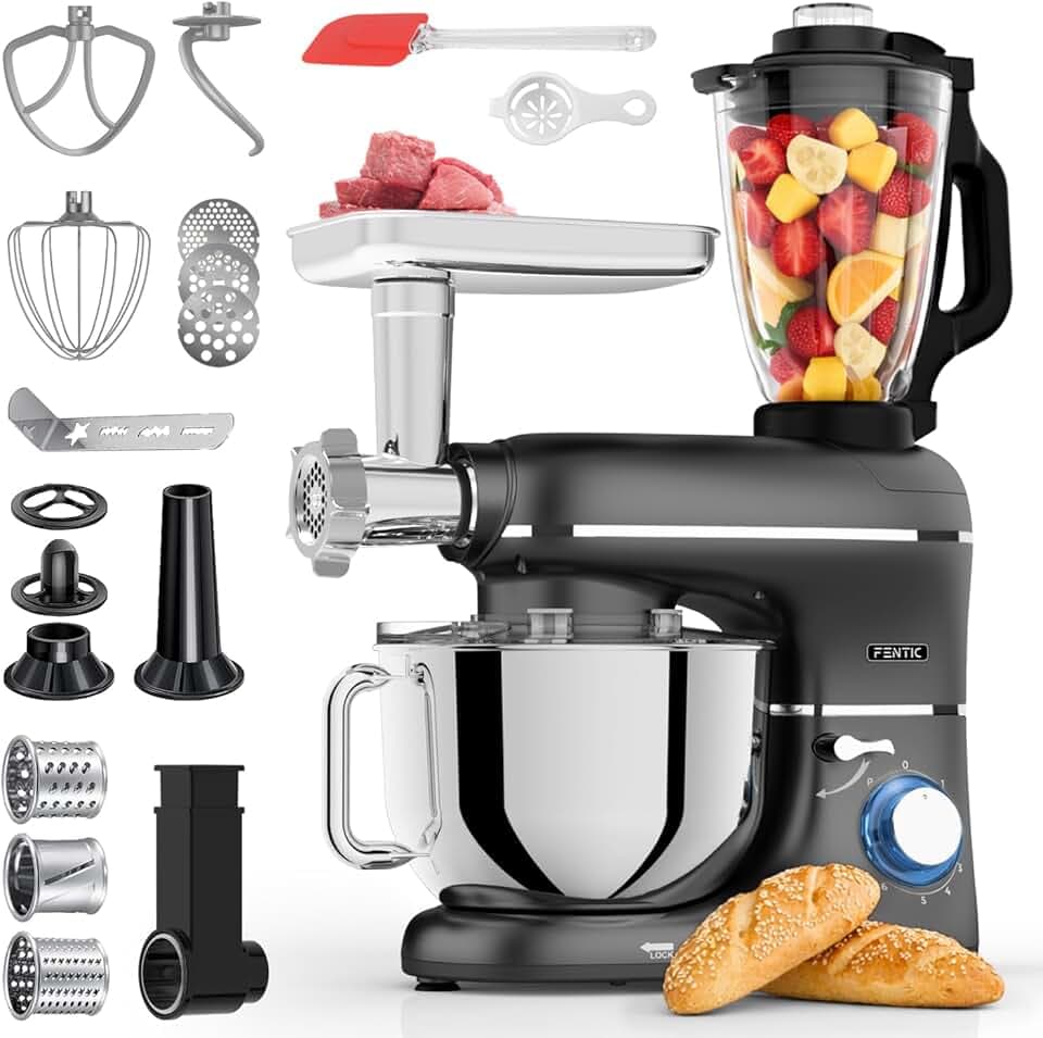 6 en 1 Robot Pâtissier – 2000W - Av. Hachoir à Viande, Mixeur 1,5L, Cutter, Accessoires – Robot Cuisine Multifonctions Av. 6,2L Bol Mélangeur, Fouet, Crochet Pétrisseur, Batteur (Noir)