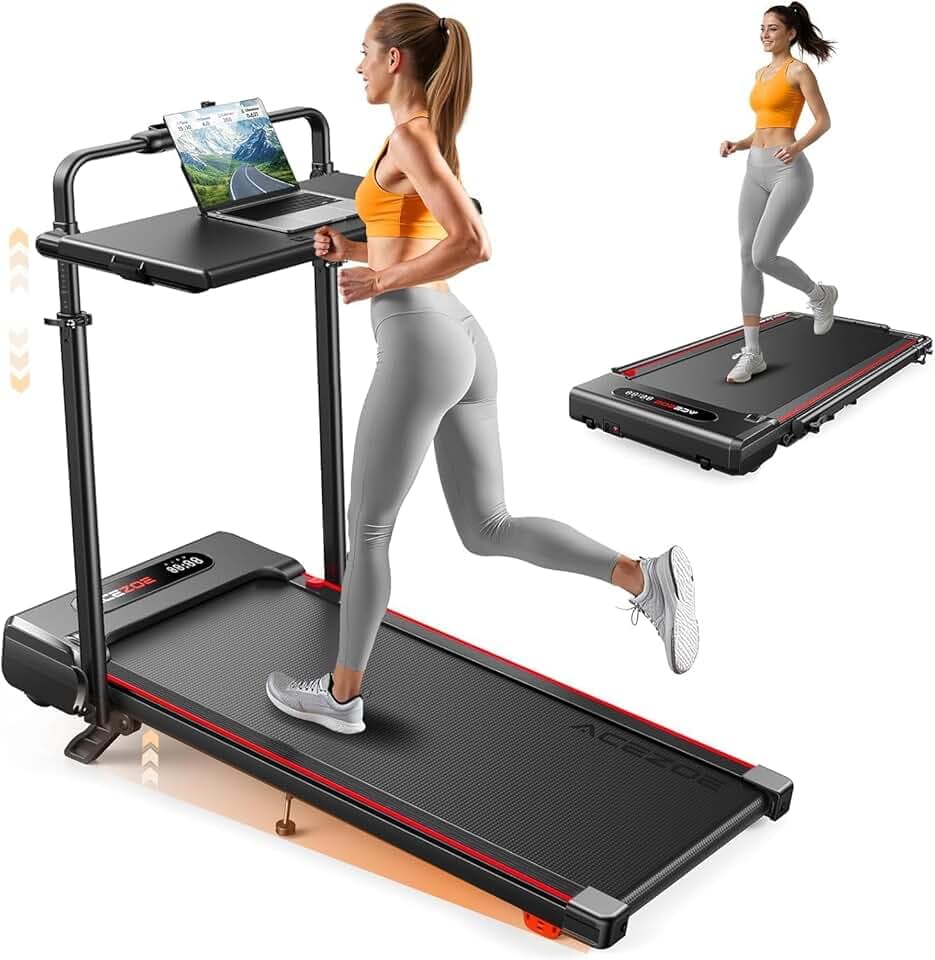 Acezoe Tapis de Marche Pliable avec Tablette, Tapis de Course Inclinable 10% et Vitesse 12 km/h, Walking Pad Moteur 2.5 HP, Écran LED, Télécommande, 136KG pour Maison/Bureau