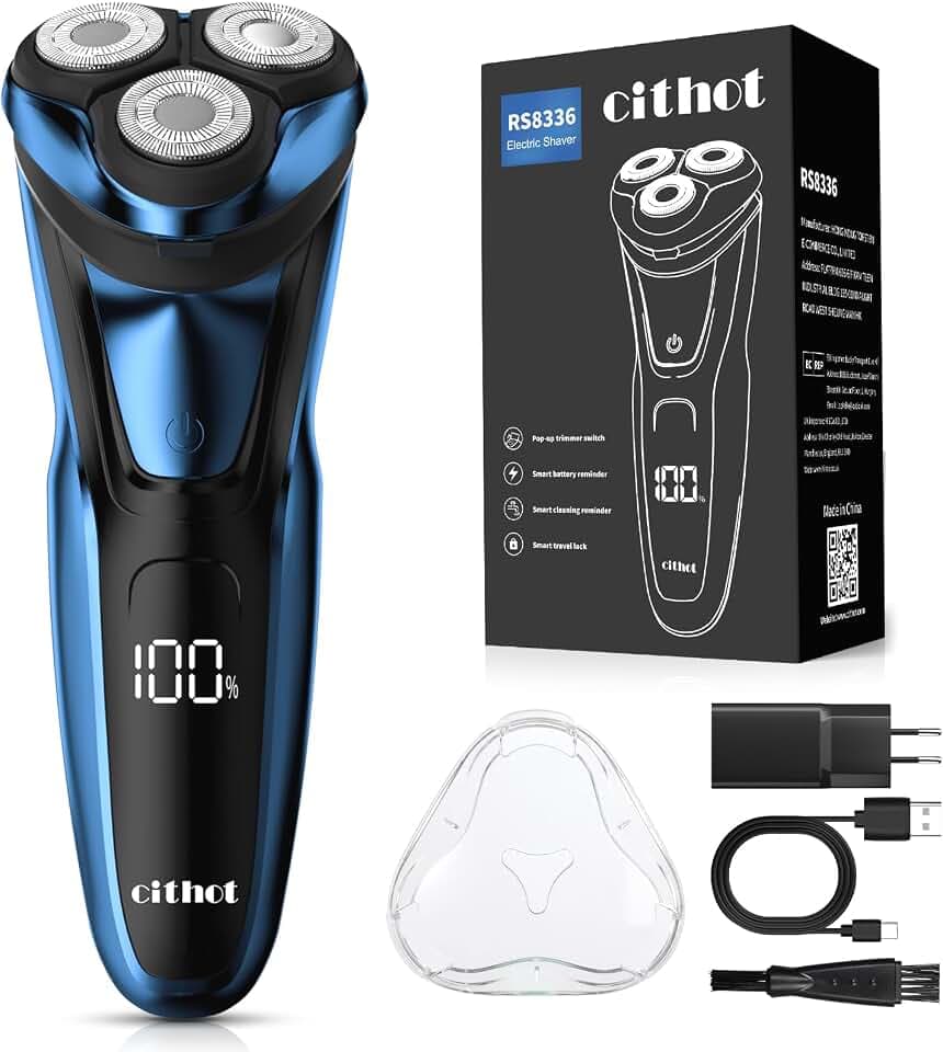 Rasoir Électrique pour Homme Rasoir à Têtes Rotatives avec Tondeuse Barbe de Précision IPX7 Rasoir à Sec et Humide avec Verrouillage de Voyage RS8336 Bleu Shaver Portable