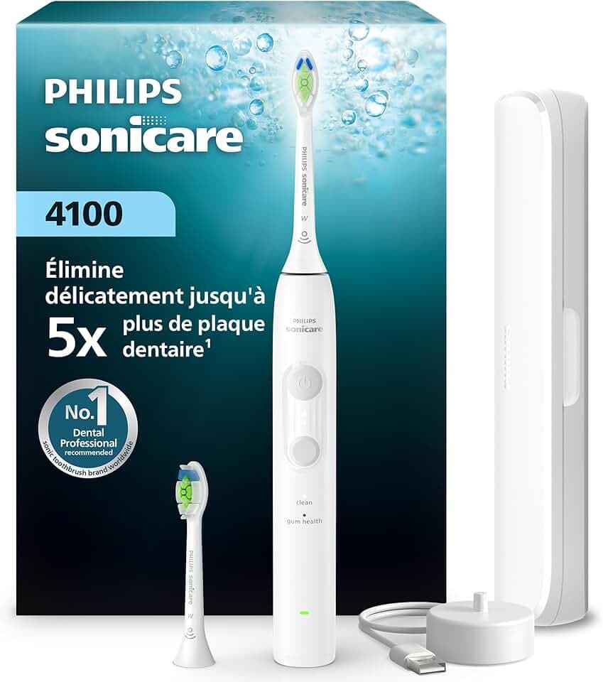 Brosse à dents électrique Philips Sonicare série 4100 – capteur de pression, 4 réglages, EasyStart, SmarTimer, 21 jours d’autonomie, étui de voyage, coloris blanc, modèle HX4044/41, [Nouveau]