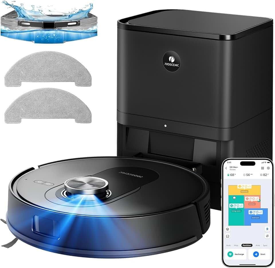 Proscenic Robot Aspirateur Laveur,8000Pa 200Mins Aspirateur Robot avec Serpillière et Vidage Automatique Station,Navigation Lidar,Cartographie,Évitement d'obstacles,pour Poils Animaux Tapis Sols Durs
