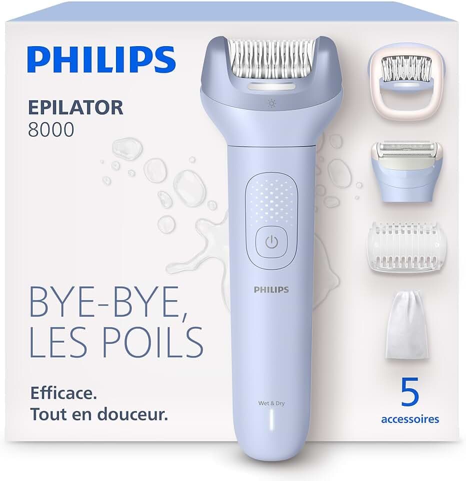 Philips Épilateur série 8000 – épilateur électrique sans fil, utilisation sur peau sèche ou humide, épilation des jambes et du corps, avec ProGuide, 5 accessoires, autonomie 60 min, modèle BRE709/00