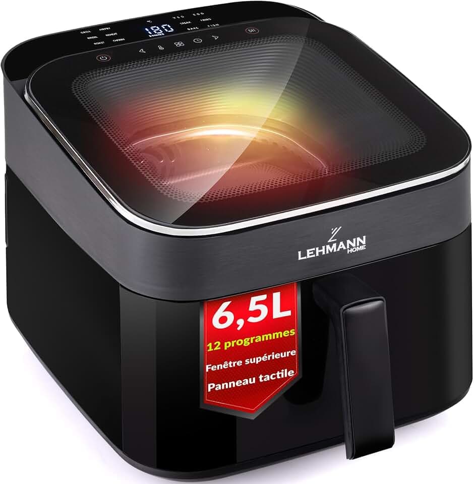 LEHMANN Air Fryer XL 6,5L, Friteuse sans Huile avec Fenêtre Panoramique Supérieure & Éclairage, Écran Tactile, 12 Programmes, Rappel pour Remuer, Grilles Antiadhésives Compatibles Lave-vaisselle