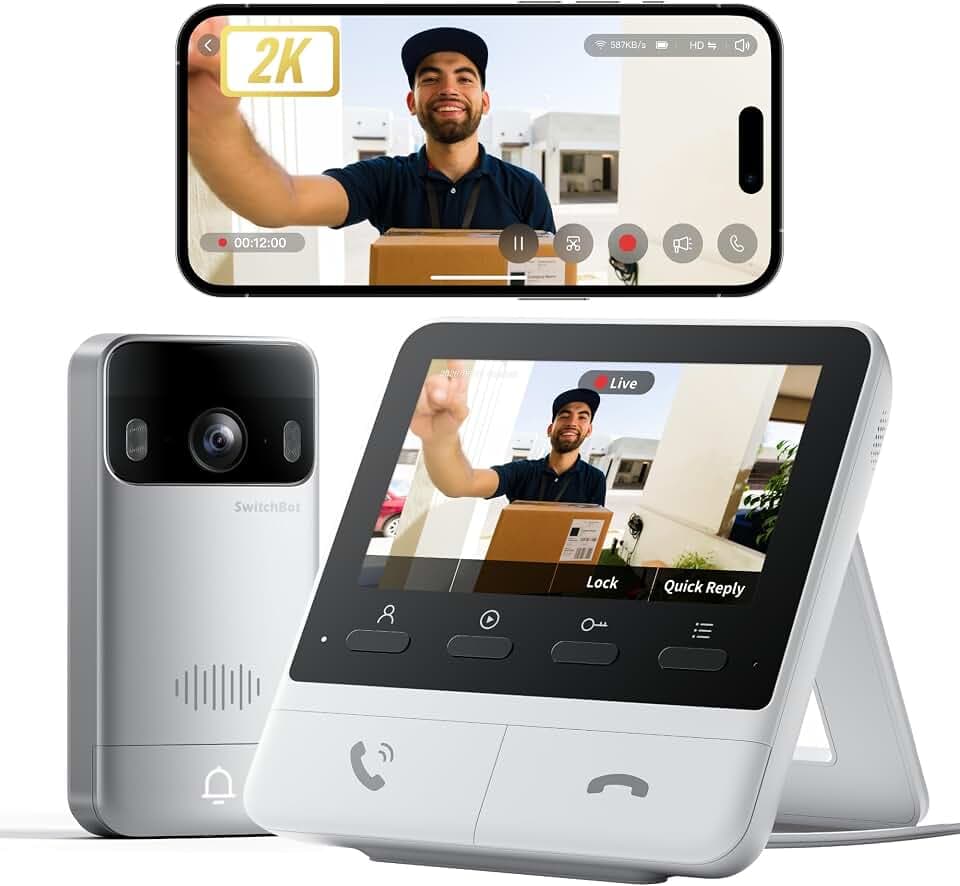 SwitchBot Sonnette sans Fil avec Camera, 2K Visiophone sans Fil avec écran de 4,3 Pouces, Visiophone Intelligente avec Grand Angle de 165 °, 5000 mAh, Audio bidirectionnel, Compatible Alexa