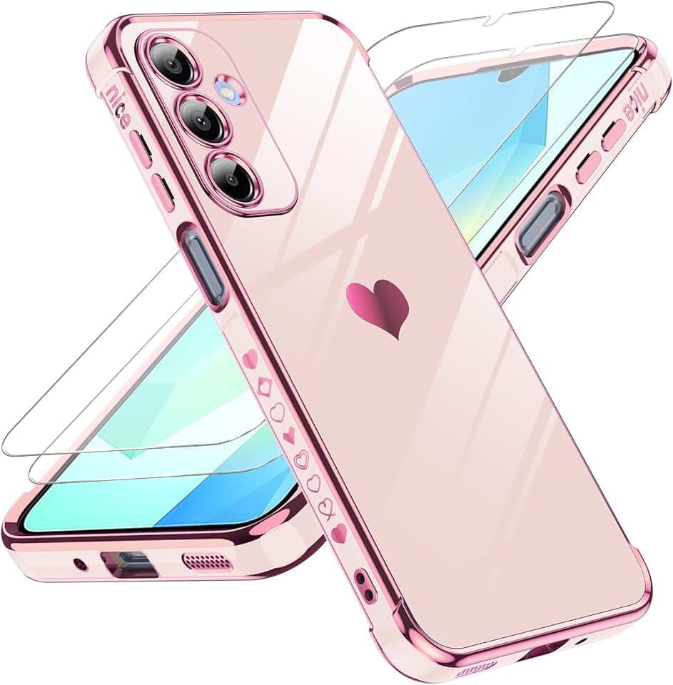 LeYi pour Coque Samsung Galaxy A16 4G / 5G avec 2 Verre Trempé Rose | Silicone Forme de Coeur d'amour Housse Étui de Protection Antichoc Anti-Rayures Souple TPU Légère pour A 16 5 G Global Recycled Standard