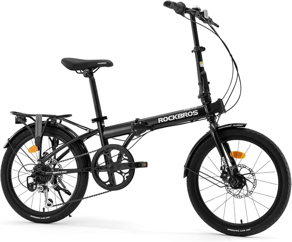 ROCKBROS SKN Vélo Pliant 20 Pouces, Tourney 7 Vitesses, Frein à Disque Mécanique, Cadre Hi-Ten Acier Léger 15,6kg, Vélo de Ville avec Garde-Boue et Porte-Bagage, pour Vélotaf 140–185 cm