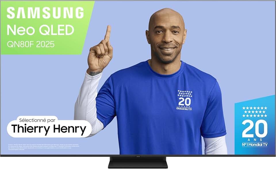 Samsung TV AI Mini LED 55 Pouces Neo QLED QN80F 4K Smart TV, WiFi, Airplay, HDR, Q-Symphony, OTS Lite, Knox Security, Gaming Hub, Bixby, Dolby Atmos, Suivez Le Sport et Les Matchs de Football en 4K