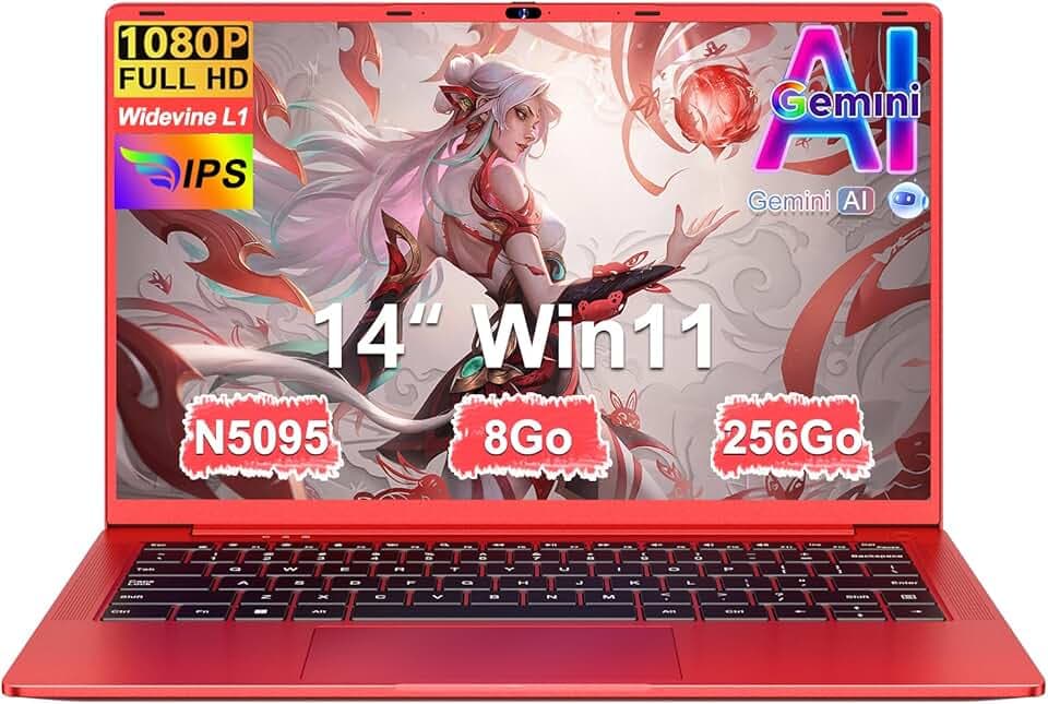 Ruzava 2026 Ordinateur Portable 14 Pouces Celeron N5095 8Go RAM 256Go PC Portable Extension SSD TF 1To 5000mAh Laptop HDMI Type-C 100%sRGB 1080P Souris Sans Fil AZERTY Clavier Couverture - Rouge Métal