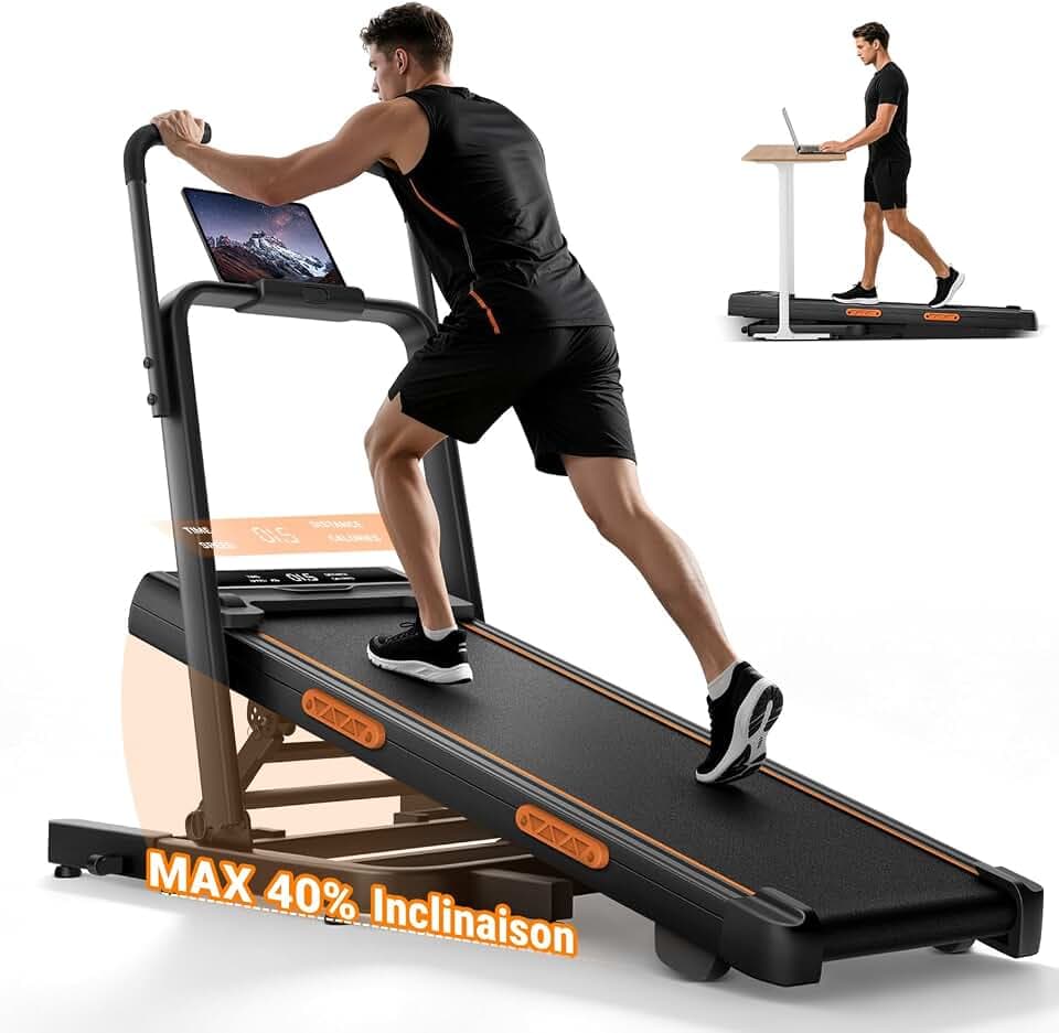 UMAY Tapis de Course Pliable Inclinable 40% Simulateur Montagne, 10km/h | 3.0 CV Tapis de Marche Pliable Inclinable, 12 Amortisseurs, Support Tablette Ventouse, Magnétique, Charge 159 KG