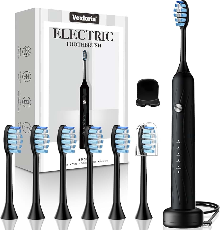 Vexloria Brosse a Dent Electrique Adulte Enfant avec 6 Têtes de Brosse, 5 Modes et Minuterie, IPX7 Brosse à Dents Électrique Ultrasons pour Femmes Hommes, Noir