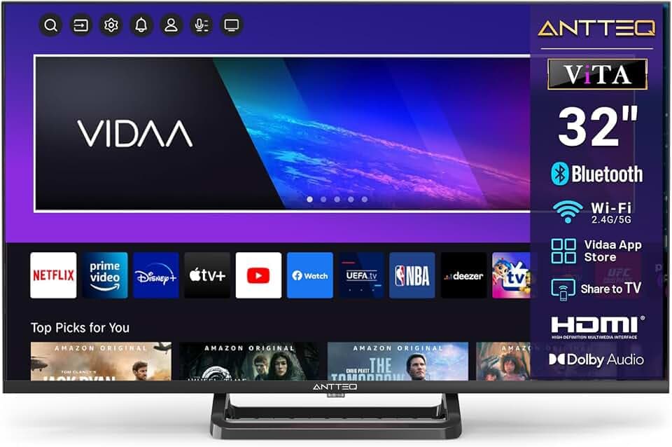 Antteq Vita V32-AH3Q1L-BT Smart TV 32 Pouces (80 cm) - Télévision connectée avec Commande vocale, Triple Tuner (DVB-S2/T2/C), WiFi, Bluetooth, HDMI, Netflix, DAZN, Partage d'écran, Store APP 2025