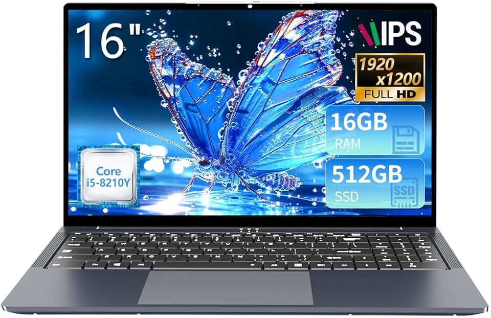 16" Ordinateur Portable Core i5 8210Y (jusqu'à 3.6 GHz) 16Go RAM 512Go SSD Laptop Écran IPS Clavier Numérique Rétroéclairé RJ45 USB3.0 HDMI BT 5.0 – PC Portable Multitâche et Mobilité