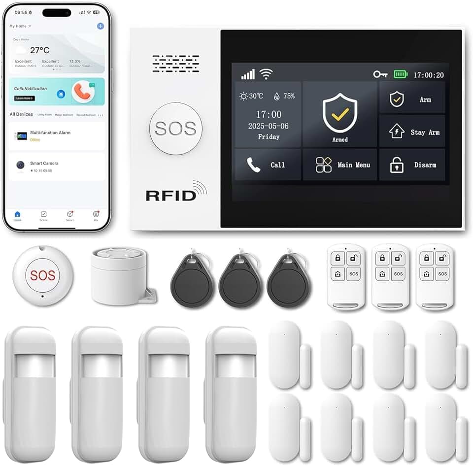 Alarme Maison sans Fil WiFi 4G sans Abonnement, Kit Alarme Maison Connectée 21 Pièces avec Écran Tactile 4,3", Sirène 120 DB, Détecteurs Mouvement et Porte/Fenêtre (Lot de 21 Articles)
