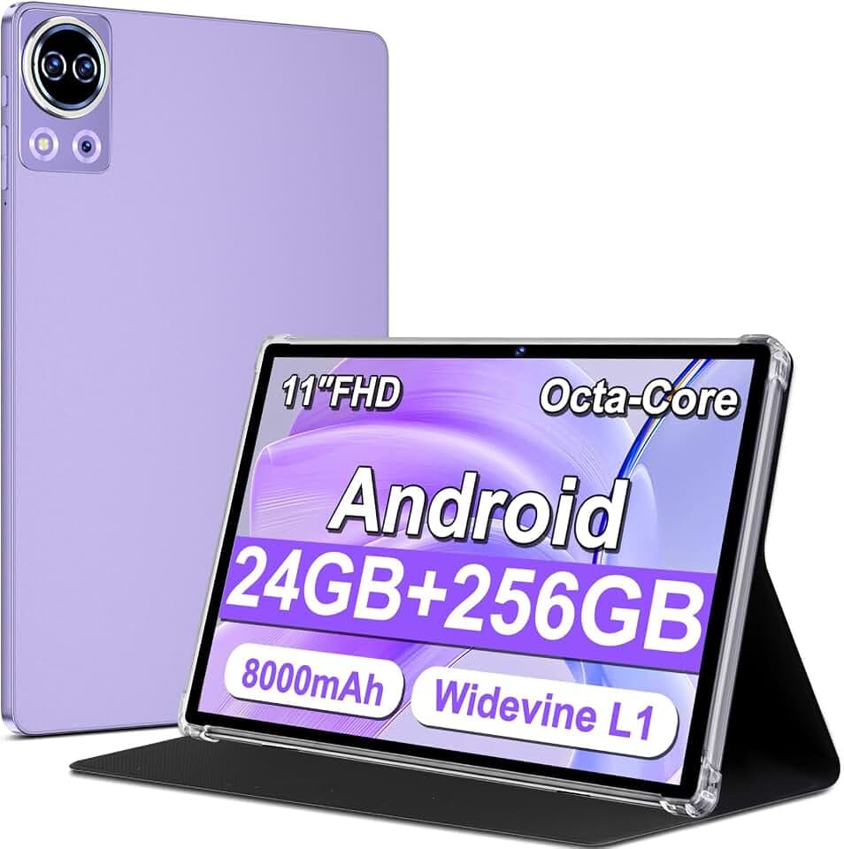Tablette 11 Pouces Android avec 24 Go RAM + 256 Go ROM(Extensible jusqu'à 1 To), Octa-Core, 8000 mAh, 13MP + 5MP, Widevine L1,GPS, BT 5.0, WiFi, Corps métallique, Tablette Tactile avec étui, Violet