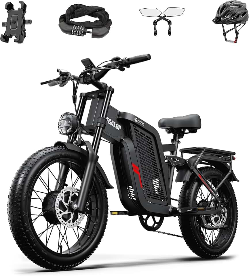 Vélo électrique pour adulte, double moteur, batterie lithium-ion 52V 24Ah, autonomie maximale de 45 à 90 kilomètres, pneus de 20 pouces de large, suspension intégrale, vélo électrique à 7 vitesses.