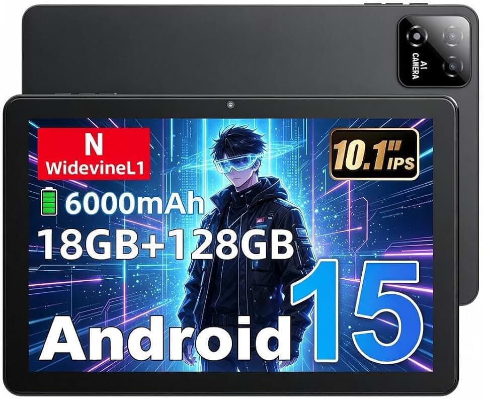 Tablette 10 Pouces, Tablette Android 15, 18 Go de RAM + 128 Go ROM, Octa-Core T30, 1 to TF Extensible, écran IPS 1280 × 800, Batterie 6000 mAh, Caméra Double 5MP + 8MP, WiFi 6, Face ID, BT 5.0