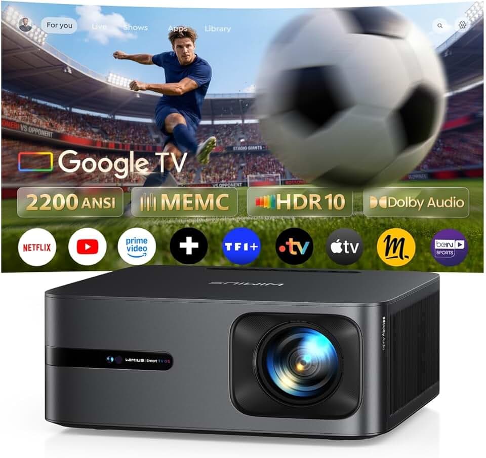 Vidéoprojecteur 4K MEMC【2200 ANSI/Google TV 14.0/Dolby 40W】 Auto Focus/Keystone WiMiUS Vidéoprojecteur de Jour 4K, Contrôle Vocal, HDR10,Rétroprojecteur WiFi Bluetooth 1080P Zoom Home Cinéma HDMI 2.1