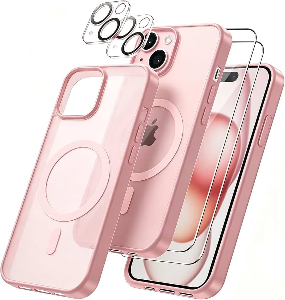 Coque Magnétique pour iPhone 15 avec 2 Pièces Verre Trempé Protection Écran + 2 Protections pour caméras, Anti-Rayures, Anti-Dérapante, Etui de Rose Clair TPU Protection iPhone 15