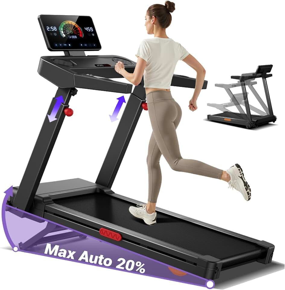 UMAY Tapis de Course Pliable Inclinable 16%, 14KM/H | Tapis de Marche avec Surveillance de Fréquence Cardiaque, 3,5CV Tapis de Course Électrique avec Affichage LED, 180KG