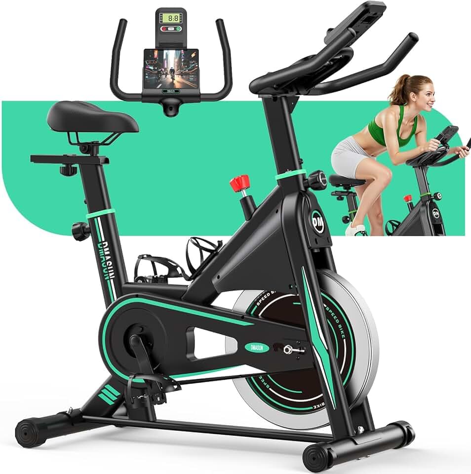 DMASUN Velo d appartement, Vélo d'appartement Silencieux, 0-100% Résistance Réglable, Vélo d'intérieur pour Entraînement Cardio avec Écran LCD, Support pour Tablette, Siège Confortable, Capacité 160kg