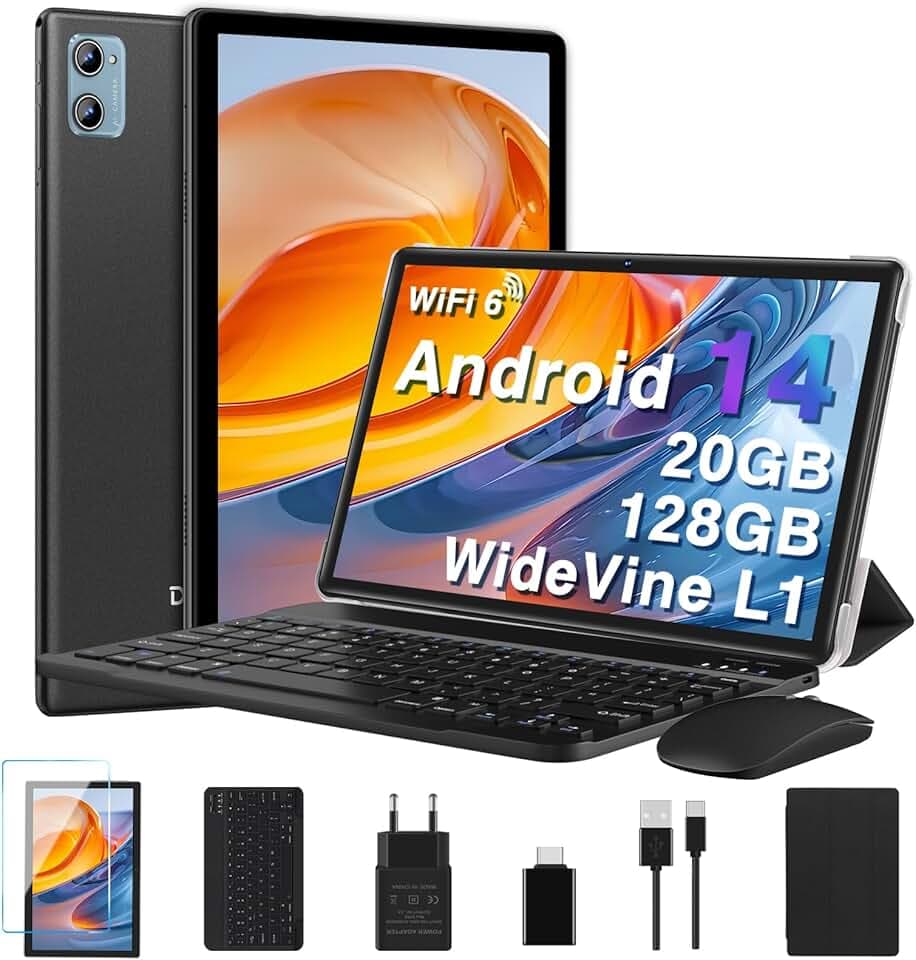 2026 Tablette 10 Pouces Android , 20 Go RAM + 128 Go ROM (TF 2 To), Octa Core/5G+2,4G Wi-Fi 6/Bluetooth 5.0/6000 mAh/Widget/8 MP + 5 MP/Widevine L1/GMS ,Tablette 2 en 1 avec Clavier et Souris - Noir