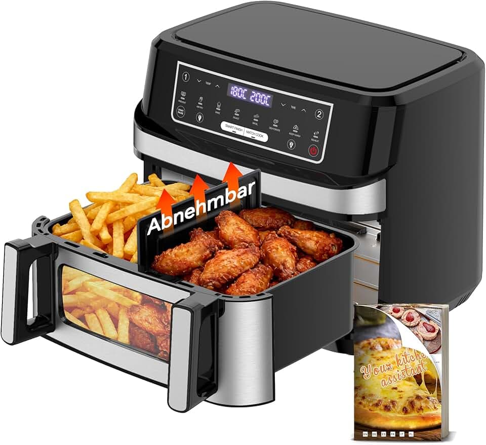 Air Fryer 12L | Friteuse à Air Chaud XXL Mode Flexible 1 ou 2 Zones, 2600W Double Chauffage Contrôle Indépendant Fenêtre et Éclairage, Friteuse sans Huile 2 Compartiments 8-en-1 Écran Tactile Recettes