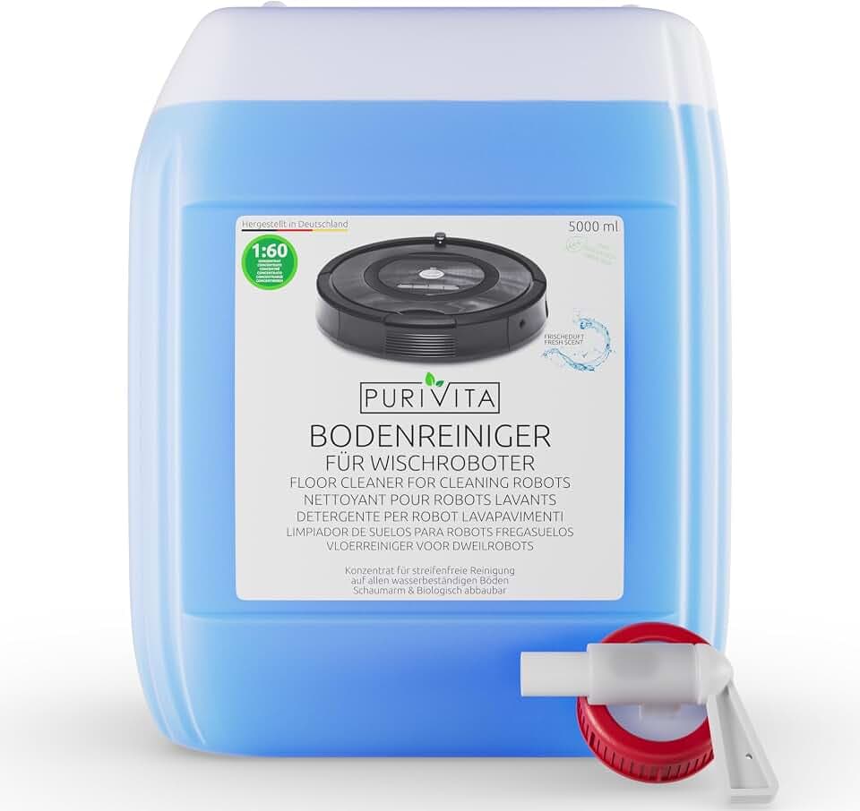 PURIVITA® Nettoyant Sol Concentré Robot Laveur & Aspirateur Laveur, 5L | Sans traces, séchage rapide, sans rinçage, pour robots lavants, aspirateurs eau et poussière et sols durs