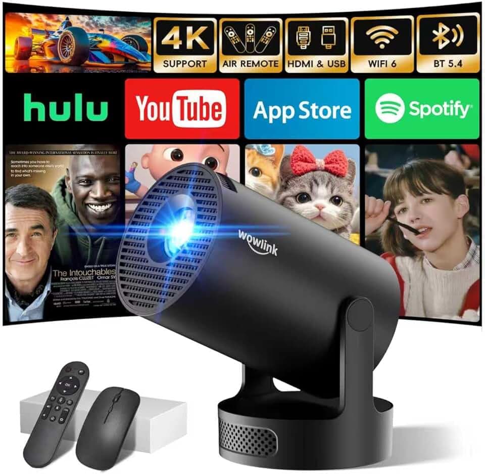 [Apps intégrées & 2026 Upgraded] Vidéoprojecteur avec WiFi 6 et Bluetooth 5.4 Mini Projecteur Supporte 4K 1080P Auto Keystone Rotation 180° Compatibile avec HDMI/TV Stick/Memory Stick/Laptop, Noir
