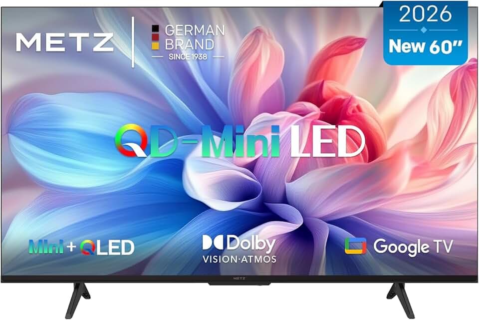 Metz Mini LED TV 60 Pouces 4K, QLED, Television Google TV Local Dimming Dolby Atmos Dolby Vision MEMC HDR 10+ Bluetooth Eye Care HDMI Tuner DVB-T/T2/C/S/S2 CI+ (MNH7000Z, 2026 Nouveau Modèle)