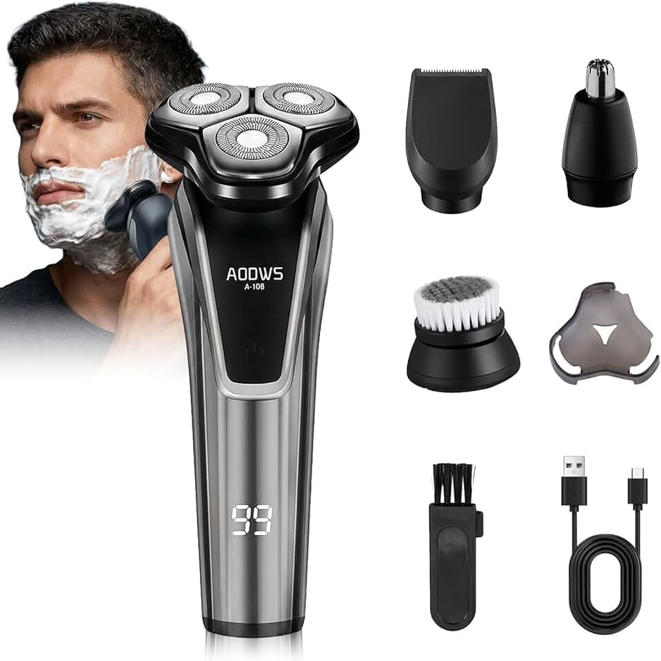 Rasoir Portable, Rasoir Électrique pour Homme Wet & Dry, Rasoir sans fil avec 3 Têtes de Lame 360° Flexibles, Rase Doucement le Visage, 90 min d'Autonomie, 4 Accessoires Différents