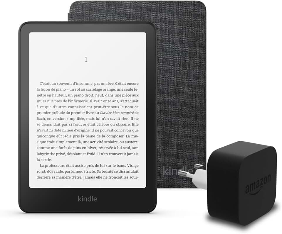 Le dernier Kindle Paperwhite (version 2024) 16 GB sans publicité, une housse en tissu Amazon et un adaptateur secteur Amazon Powerfast 9 W.
