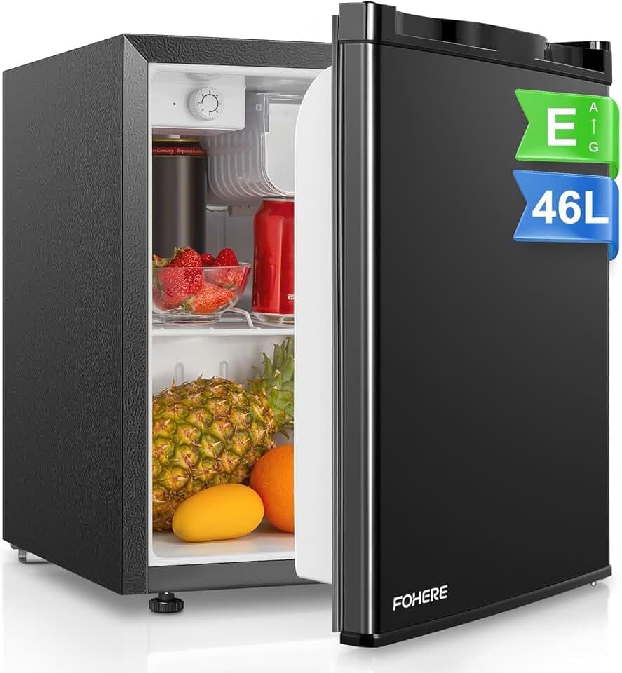 FOHERE Mini Réfrigérateur 46L, Mini Frigo avec Congélateur, Thermostat Réglable, Économie d'Énergie, Silencieux, Porte Réversible, Minibar, Adapté à la Maison et au Bureau, Dortoir, Hôtel, Noir
