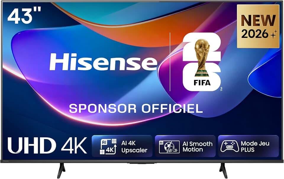 Hisense 43A6S - TV 2026 4K UHD 43" (108 cm), Smart TV HomeOS U9.5, Dolby Vision, Game Mode Plus, Compact et Performant, Noir | Grimpeur IA 4K, Smooth Motion IA, Mode Jeu Plus, Dolby Vision, Contrôle vocal