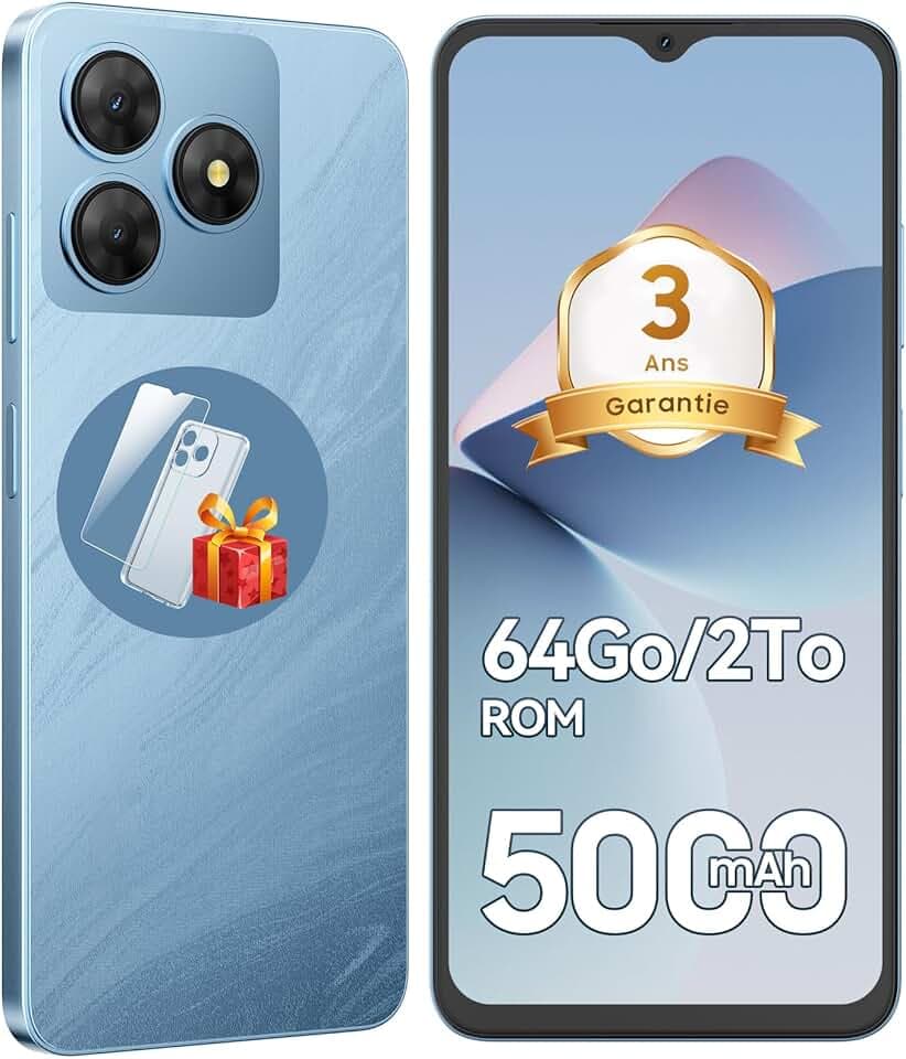 Telephone Portable Android, 6Go+64Go/TF 2To, Octa Core, Écran 6.56" HD+, Batterie 5000mAh Smartphone, 13MP+8MP, Smartphone Pas Cher 4G Dual SIM, Face ID/GPS/3Ans De Garantie - Bleu
