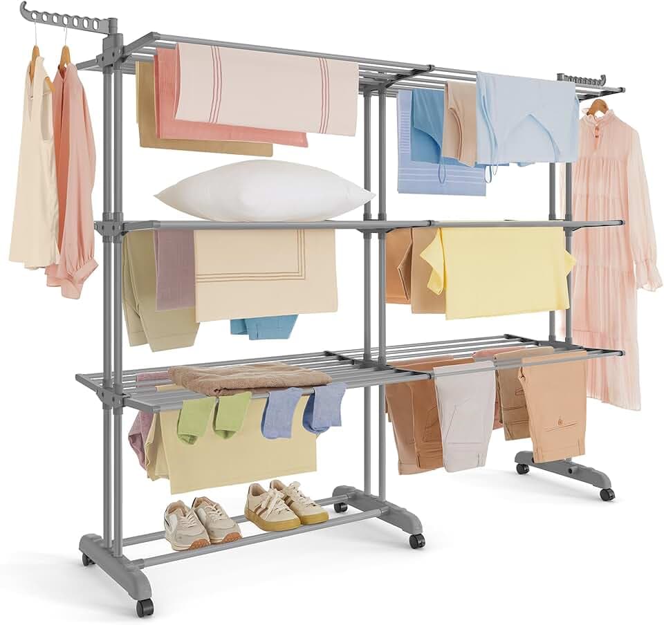SONGMICS Étendoir à Linge, Séchoir Mobile à 4 Niveaux, avec roulettes, Pliable, 63,5 x (131-200) x 177,5 cm, Grande Capacité, Utilisation Intérieure et Extérieure, Gris Tourterelle LLR704G01
